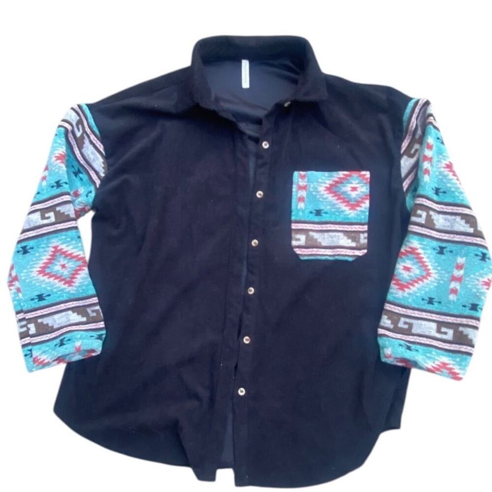 Ceelo Creation Women’s M Black Corduroy Button Up Jacket Aztec Print Sleeves